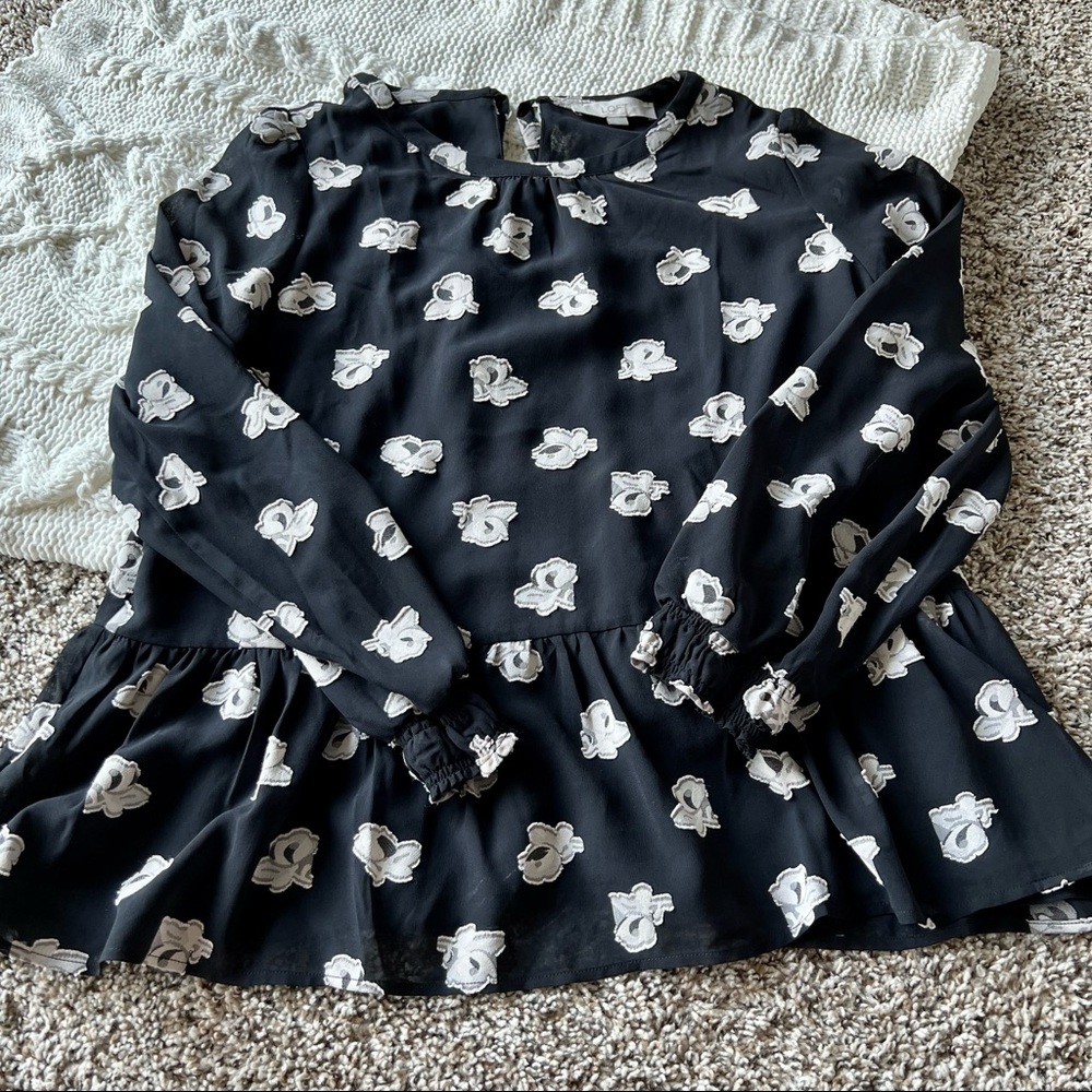 Loft Black Floral Peplum Top Size L
